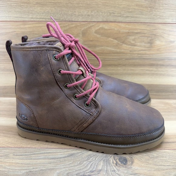 UGG Harkley Waterproof Mens Boots 9 Grizzly Brown Leather Lace Up Shearling - Picture 1 of 11